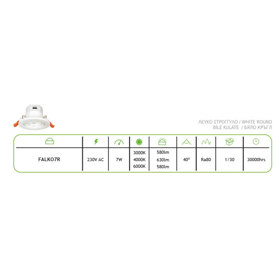 Spot Falko Led Rotund 7W SWITCH 3000-4000-6000K SMD 230V 40° Ra80 IP20
