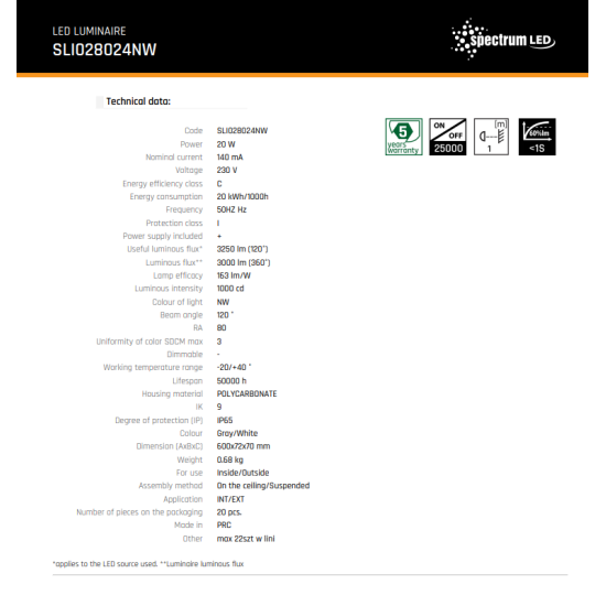 Corp de iluminat cu LED lampa emertica LIMEA GIGANT 20W hermetic lamp 20 W,140 mA,230 V,50 Hz,3250 lm (120)°,Neutral,-20/+40 °C,IP65 -SpectrumLED