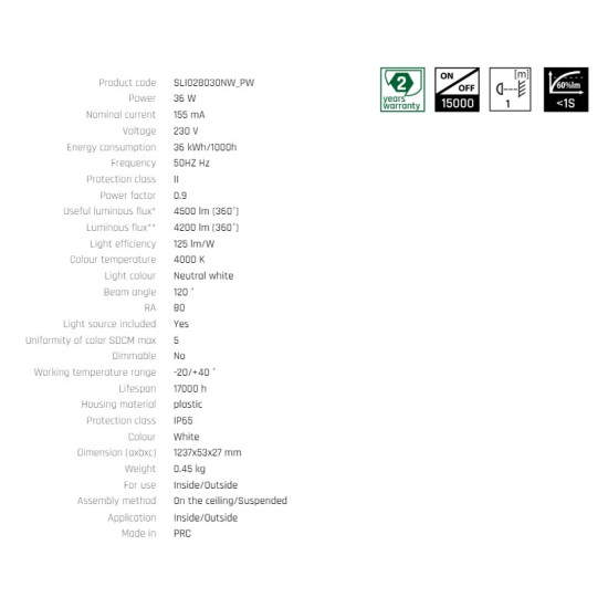 Corp de iluminat cu LED lampa ermetic LIMEA MINI LED  36W,155mA,230 V,4200 lm (120)°,125 lm/W,-20/+40 °C,IP65