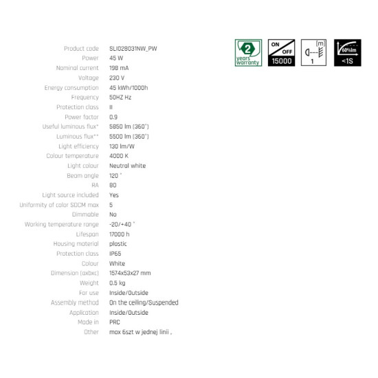 Corp de iluminat cu LED lampa ermetic LIMEA MINI LED  45W,198mA,230 V,5500 lm (120)°,130 lm/W,-20/+40 °C,IP65