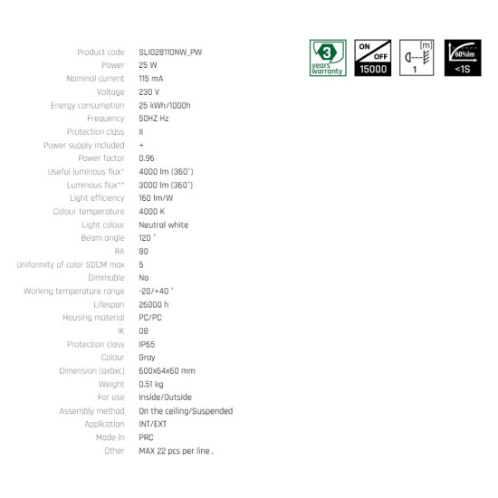Corp de iluminat cu LED lampa ermetic LIMEA CONNECT HERMETIC 25W,115mA, 230 V, 3000 lm (120)°,125 lm/W,-20/+40 °C,IP65