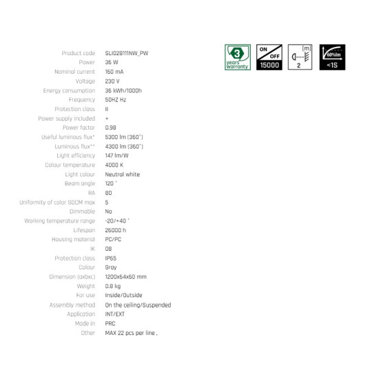 Corp de iluminat cu LED lampa ermetic LIMEA CONNECT HERMETIC 36W,160mA, 230 V, 4300 lm (120)°,147 lm/W,-20/+40 °C,IP65