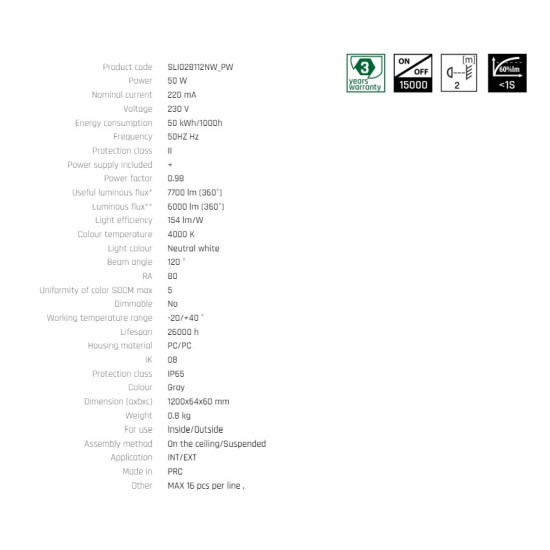 Corp de iluminat cu LED lampa ermetic LIMEA CONNECT HERMETIC 50W,220mA, 230 V, 6000 lm (120)°,154 lm/W,-20/+40 °C,IP65