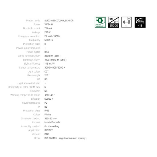 Plafoniera NYMPHEA CITY PRO 2 18/24W CCT 230V 120st IP65 IK08 FI320x80mm ALB ROTUND cu SENZOR