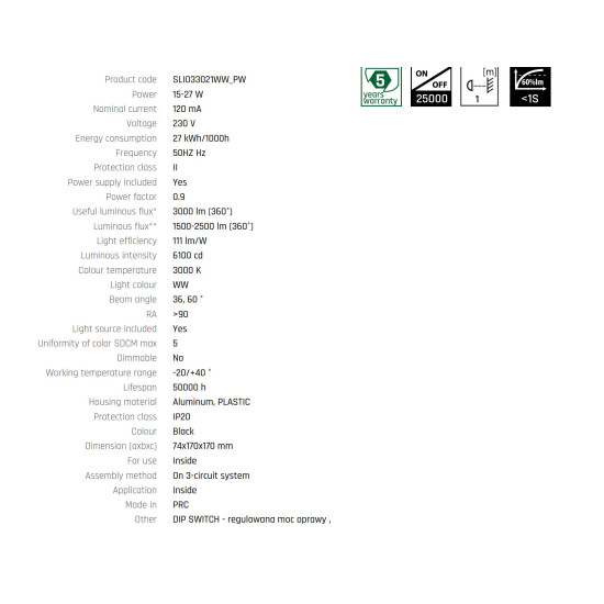 Proiector pe sina trifazata ANDROMEDA Ra>90 15-27W 1500-2500lm WW 230V 36, 60deg IP20 74x170x170  NEGRU