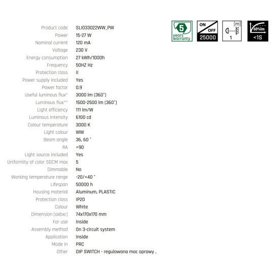 Proiector pe sina trifazata ANDROMEDA Ra>90 15-27W 1500-2500lm WW 230V 36, 60deg IP20 74x170x170  ALB