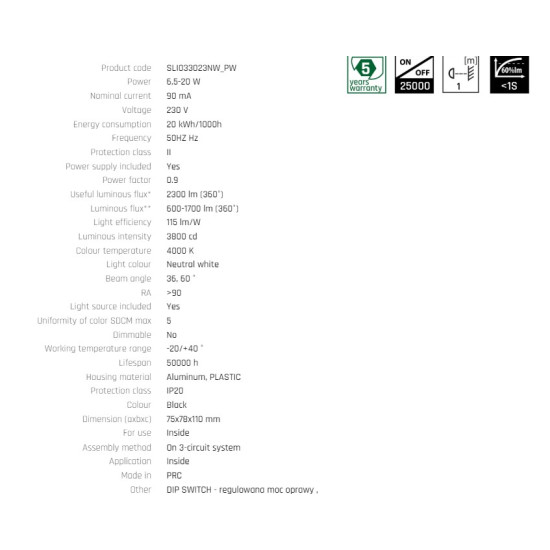 Proiector pe sina trifazata  ARTEMIDA MINI Ra>90 6,5-20W NW 230V 36, 60deg IP20 75x78x110  NEGRU