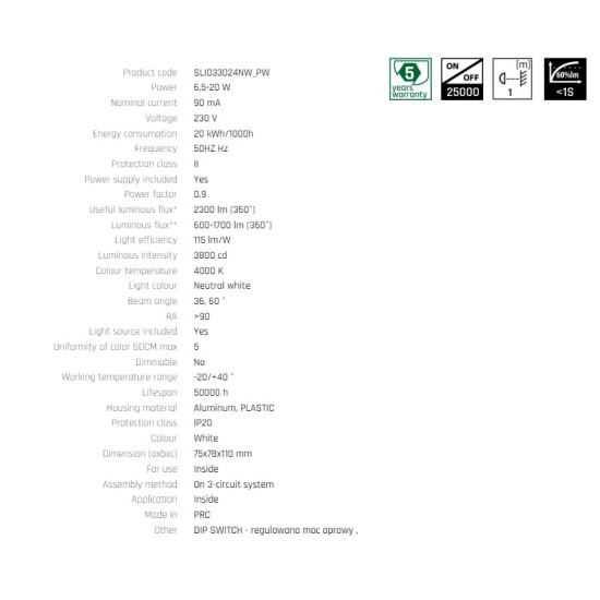 Proiector pe sina trifazata  ARTEMIDA MINI Ra>90 6,5-20W NW 230V 36, 60deg IP20 75x78x110  ALB