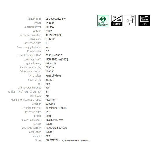 Proiector pe sina trifazata ARTEMIDA MAXI Ra>90 12-42W 1300-3800lm NW 230V 36, 60deg IP20 100x96x130  NEGRU