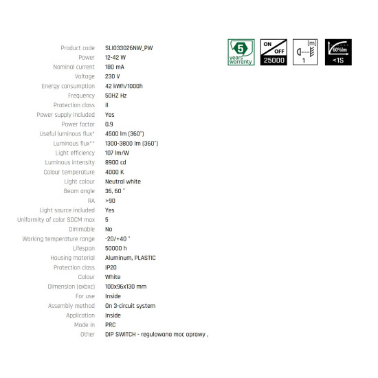 Proiector pe sina trifazata ARTEMIDA MAXI Ra>90 12-42W 1300 - 3800lm NW 230V 36, 60deg IP20 100x96x130  ALB