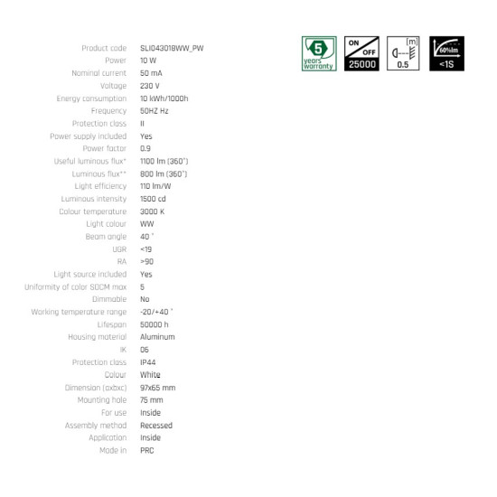 Corp de iluminat cu led ORBITO DOWNLIGHT 10W WW 230V 40deg IP44 Ra90 UGR<19  ALB ROTUND, REFELCTOR NEGRU MAT