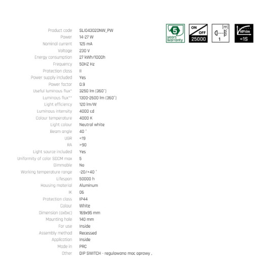 Corp de iluminat cu led  14-27W NW 230V 40deg IP44 Ra90 UGR<19  ALB ROTUND, REFELCTOR NEGRU MAT