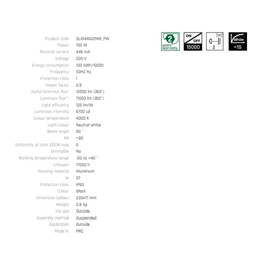 Corpuri de iluminat PLATEO SUN 2 HIGH BAY 100W NW 230V 11000 lm (90°),IP65