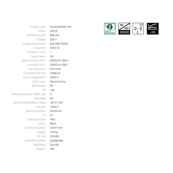 Corpuri de iluminat cu LED PLATEO SUN 2 HIGH BAY 200W 22000lm, NW 230V 90st IP65 IK07