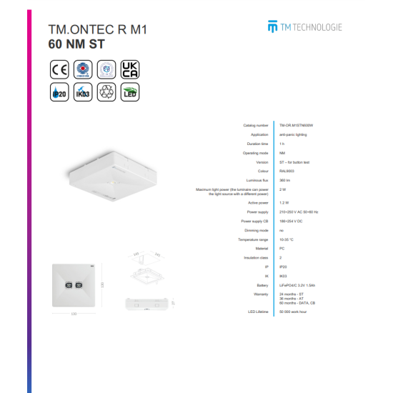 Corp iluminat de antipanica evacuare, aparent cu LED 2W  ,TM.ONTEC R M1 60 NM ST W,IP20,IK03,210÷250 V AC,10-35 °C