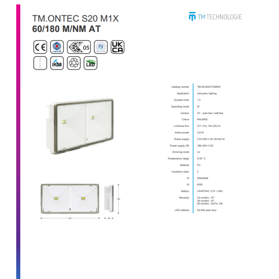 Corp de iluminat antipanica TM.ONTEC S20 M1X 60/180 M/NM AT 5-40 °C,IP65/IK08,3.8 W,371 (1h); 154 (3h) lm,210÷250 V AC 50÷60 Hz