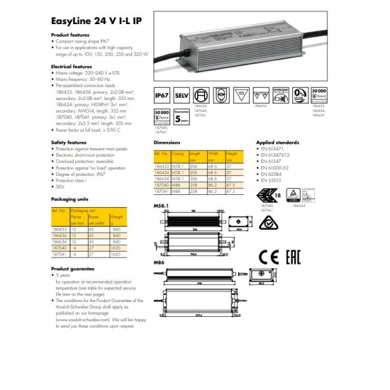 SURSE DE ALIMENTARE LED 200W 24V IP67 EasyLine 24 V I-L IP
